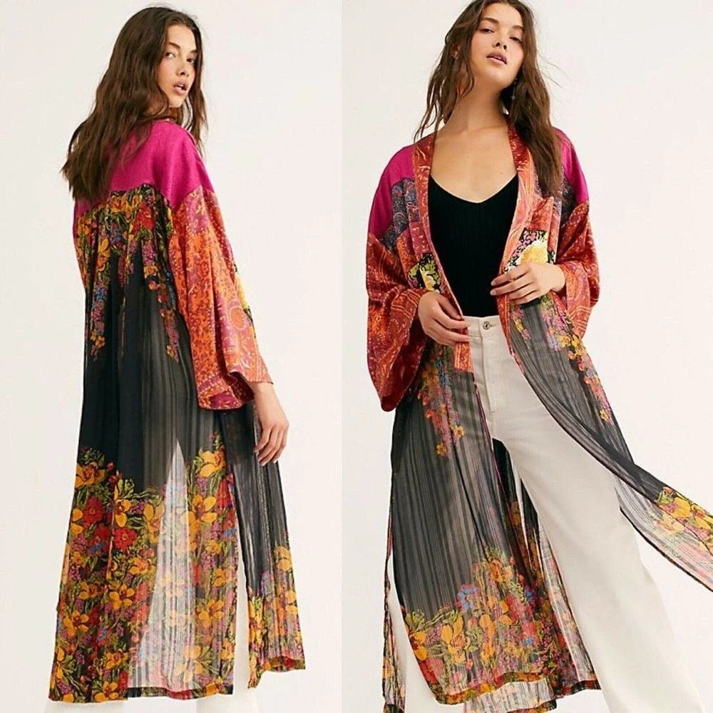 Free People The Young Love Kimono Duster Womens Pink Multi XS/S